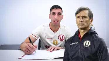 Diego Dorregaray firmando su contrato y delante Fabián Bustos