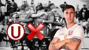 Diego Dorregaray posando con camiseta de Universitario y detrás los jugadores cremas abrazados