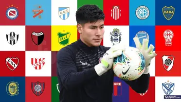 Diego Romero atrapando un balón y detrás equipos de la Liga Argentina