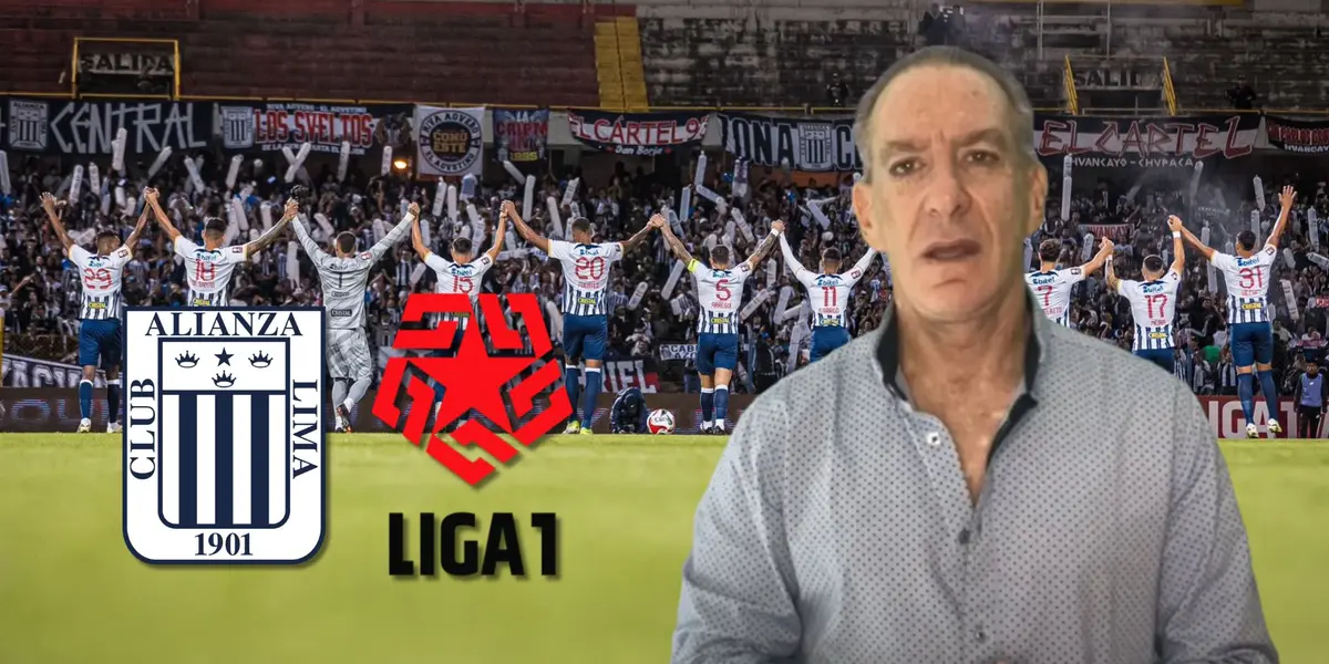 Eddie Fleischman mirando a la cámara y detrás los jugadores de Alianza Lima saludando a sus hinchas