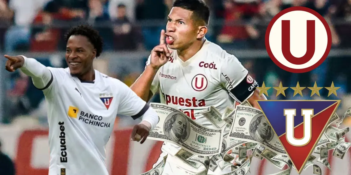 Edison Flores celebrando un gol con la ´U´ y Jhojan Julio vistiendo la camiseta de LDU