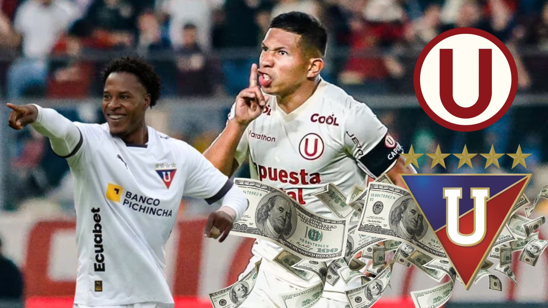 Edison Flores celebrando un gol con la ´U´ y Jhojan Julio vistiendo la camiseta de LDU