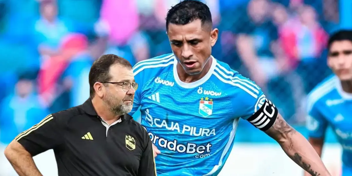 Enderson Moreira mirando para el costado y Yoshimar Yotún con camiseta de Sporting Cristal