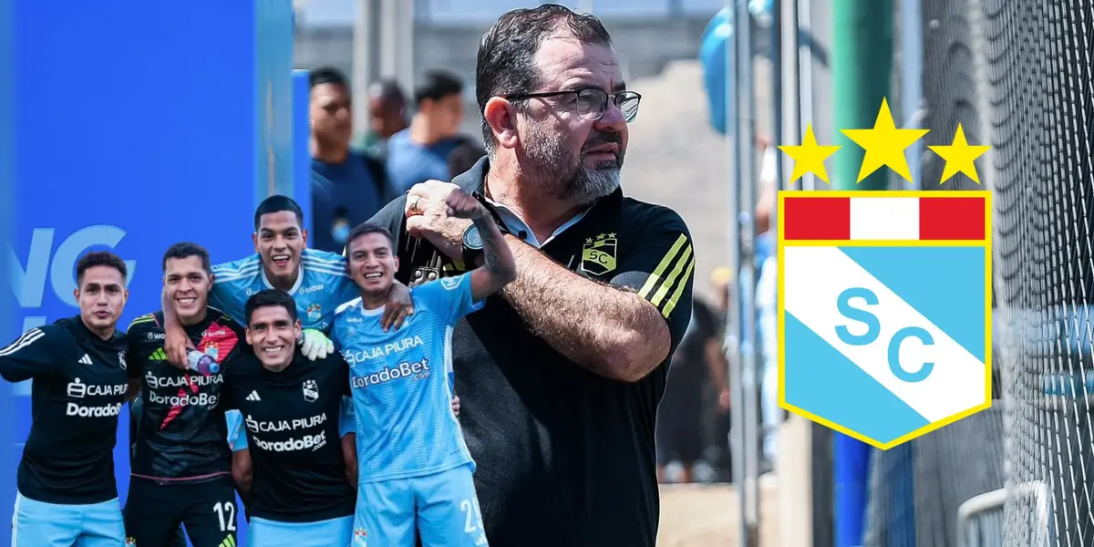 Enderson Moreira y debajo sus jugadores de Sporting Cristal