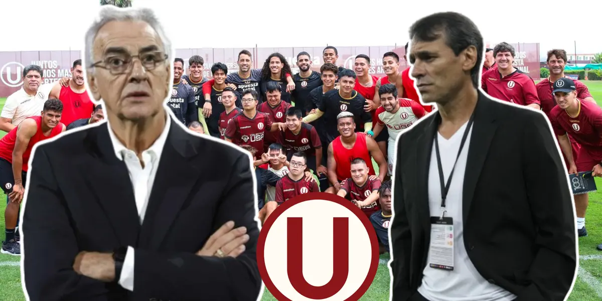 Equipo de la U posando para una foto con el equipo con Síndrome de Down, Fossati y Bustos pensativos