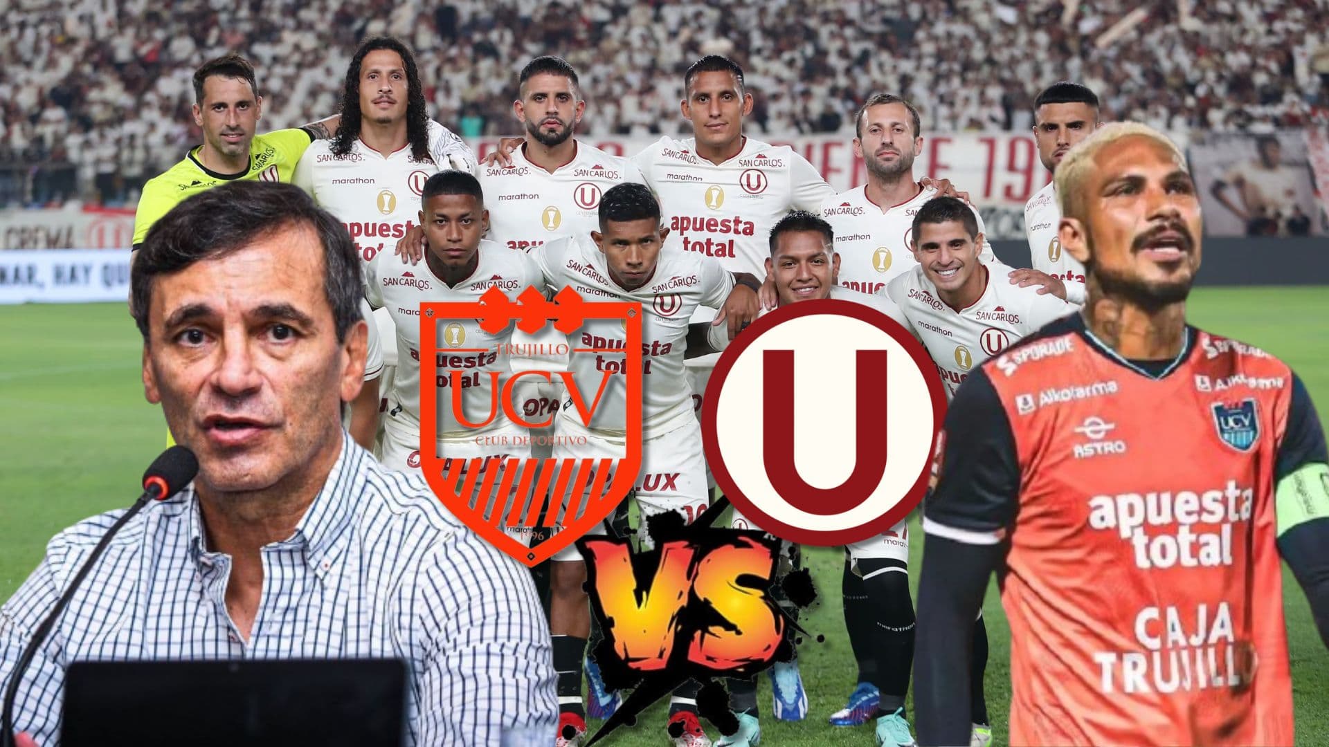 Equipo titular de la ´U´, Fabián Bustos y Paolo Guerrero a los lados