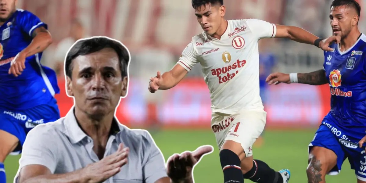 Fabián Bustos con un gesto con la mano y José Rivera peleando el balón