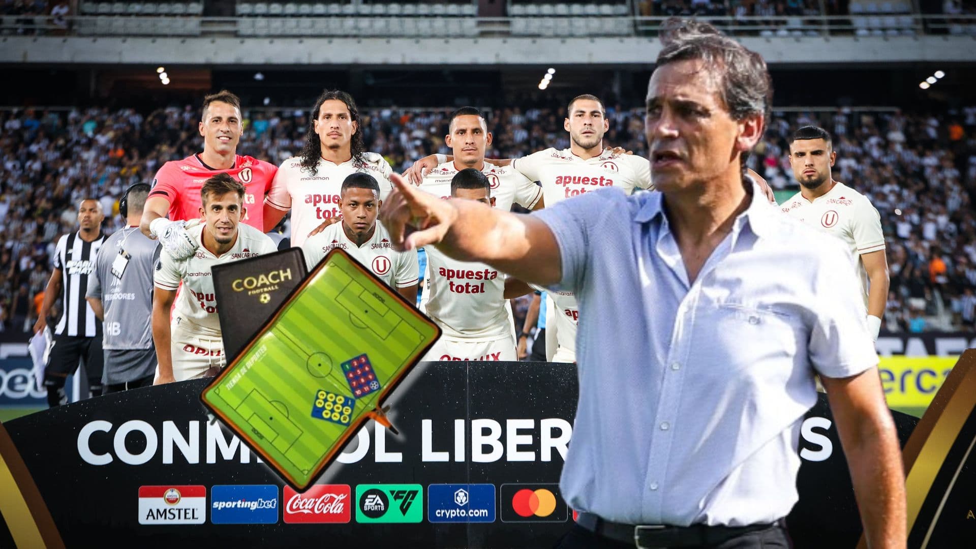 Fabián Bustos dando indicaciones y detrás el 11 titular de la ´U´en Brasil vs Botafogo
