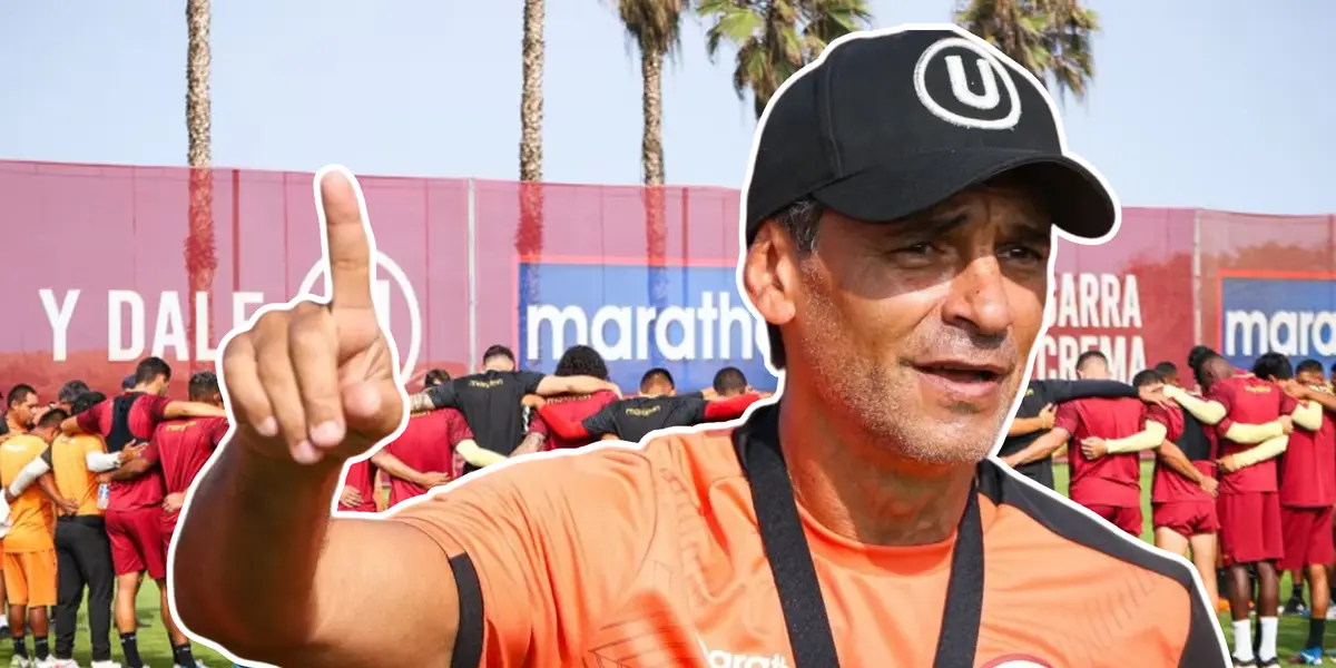 Fabián Bustos dando indicaciones y el plantel de fondo (Foto: Universitario)