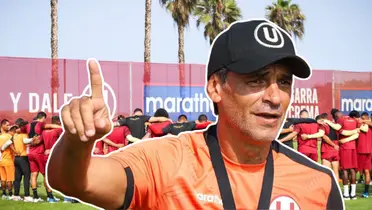 Fabián Bustos dando indicaciones y el plantel de fondo (Foto: Universitario)