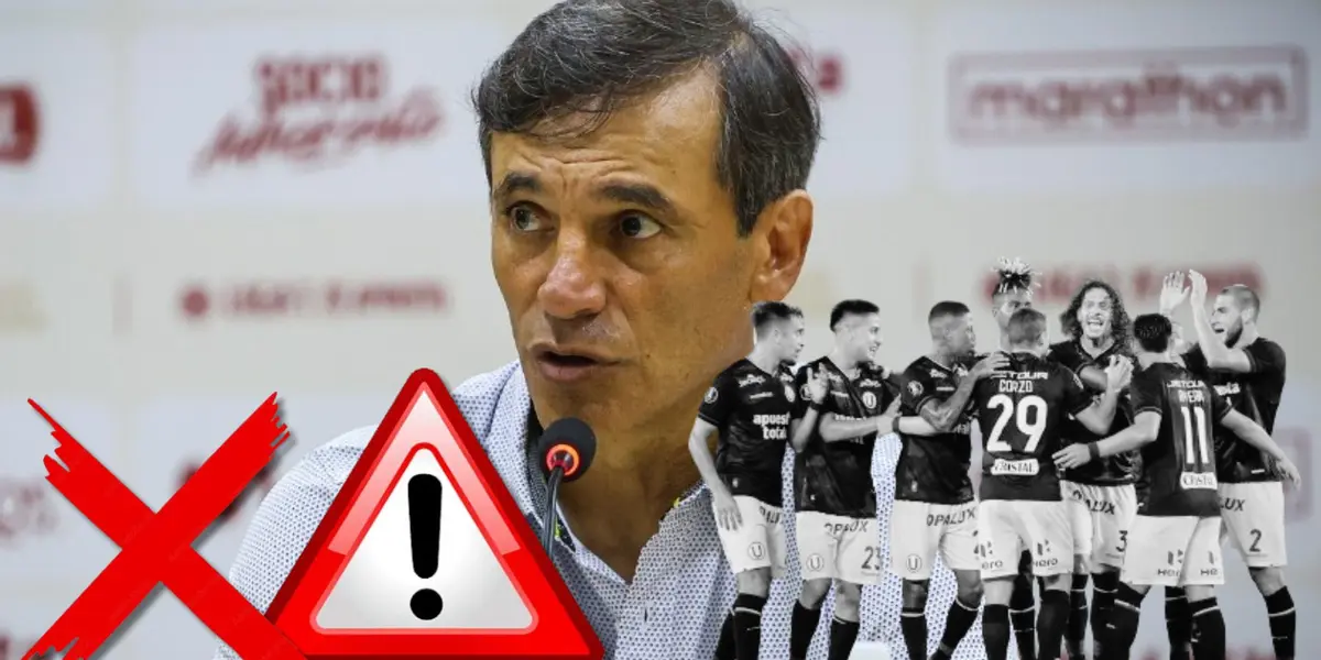 Fabián Bustos en conferencia de prensa y debajo el plantel de Universitario de Deportes