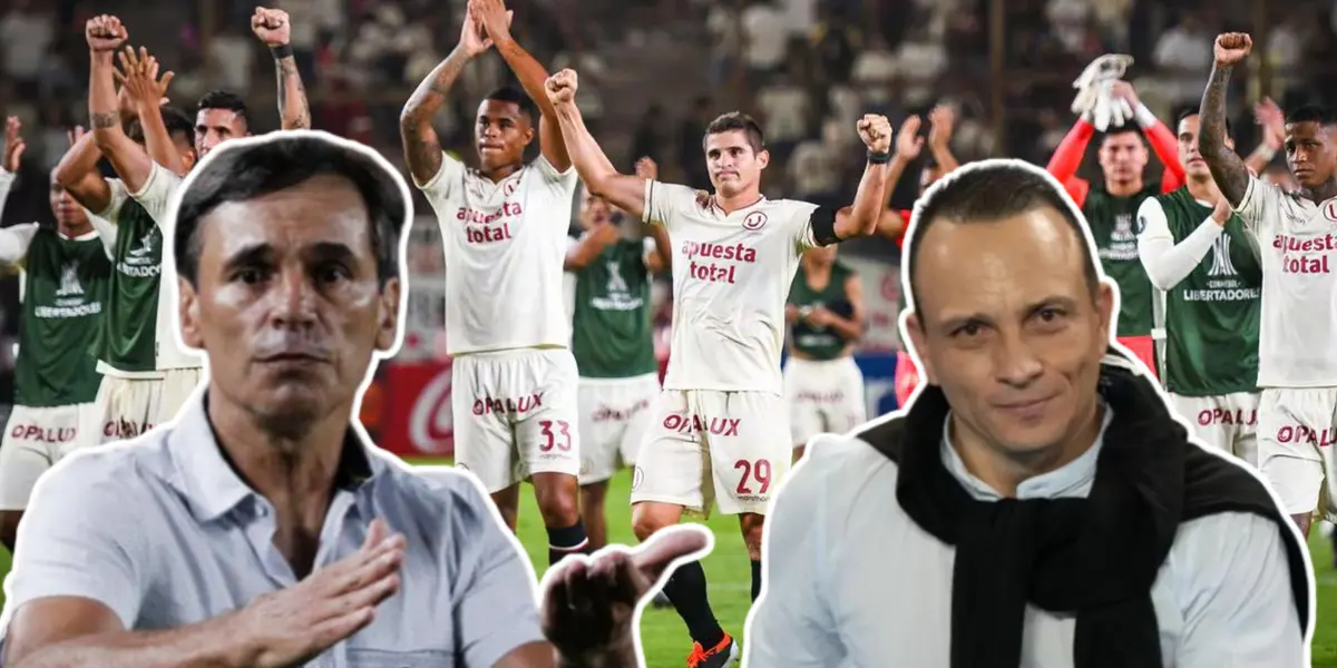 Fabian Bustos haciendo un gesto con la mano, Alejandro Restrepo sonriendo y los jugadores de la U festejando