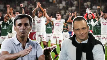 Fabian Bustos haciendo un gesto con la mano, Alejandro Restrepo sonriendo y los jugadores de la U festejando