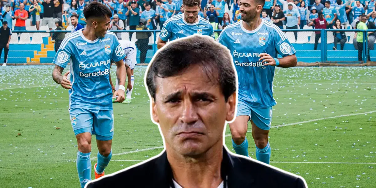 Fabián Bustos mirando preocupado y Sporting Cristal celebrando (Foto: Sporting Cristal)