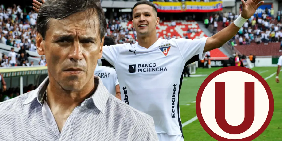 Fabián Bustos mirando y el jugador de LDU celebrando gol