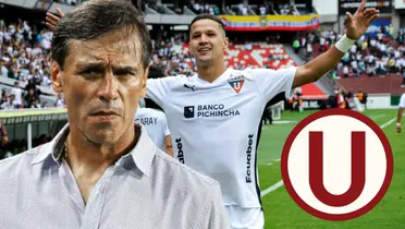 Fabián Bustos mirando y el jugador de LDU celebrando gol