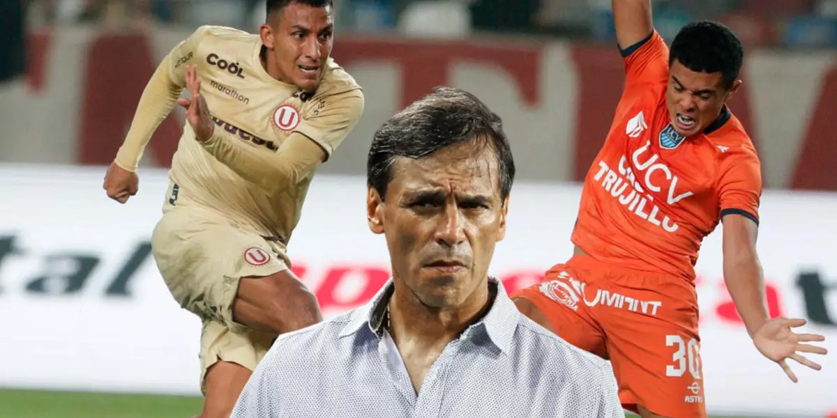 Fabián Bustos pensativo, mientras Alex Valera pelea el balón con un jugador de la UCV