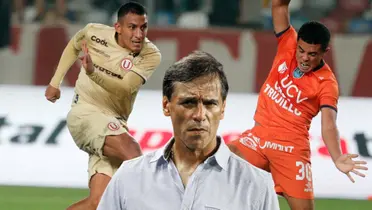 Fabián Bustos pensativo, mientras Alex Valera pelea el balón con un jugador de la UCV