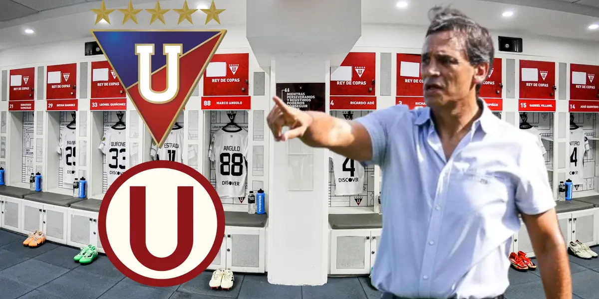 Fabián Bustos señalando y detrás el vestuario de Liga de Quito