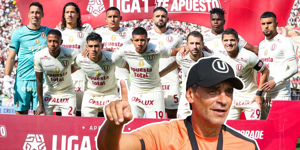 Fabián Bustos señalando y la U posando en la foto (Foto: Universitario)