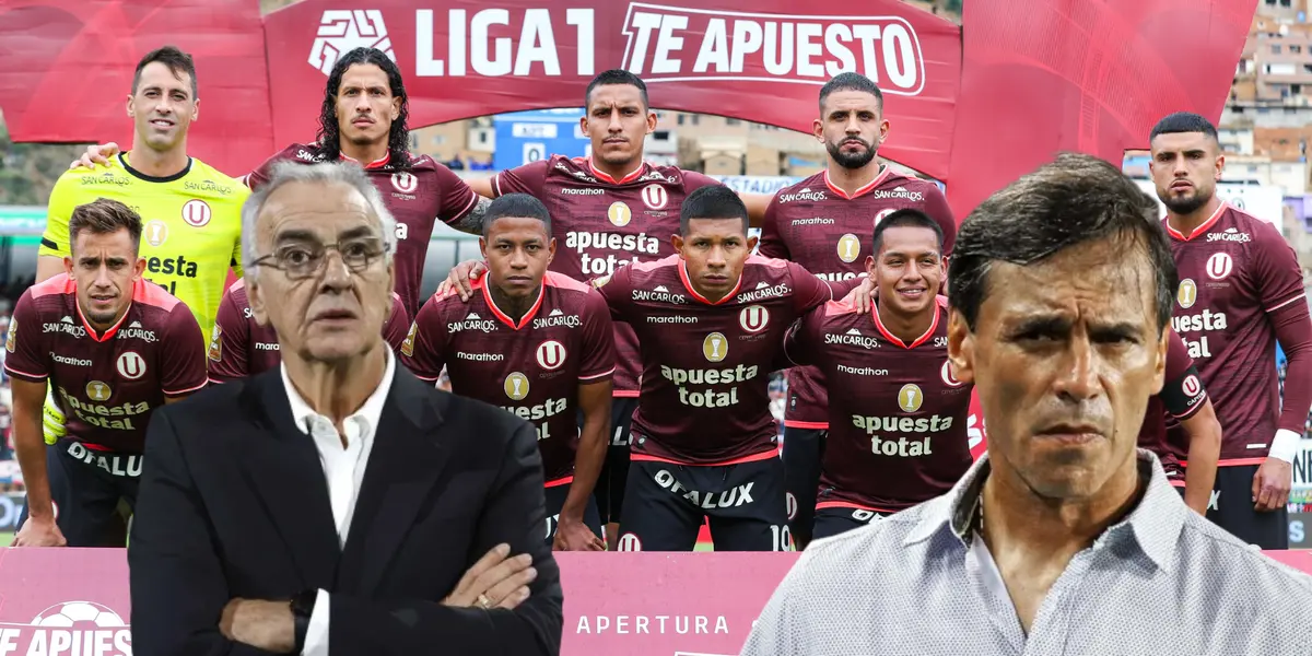 Fabián Bustos serio, Jorge Fossati con los brazos cruzados y el plantel de Universitario