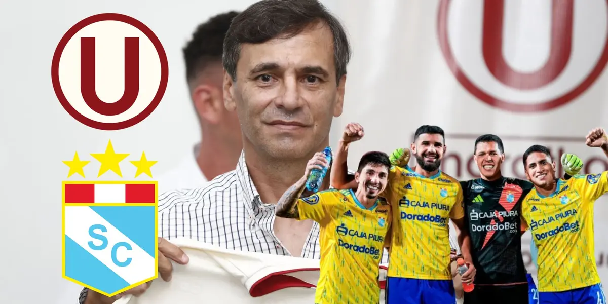 Fabián Bustos y debajo Sporting Cristal con sus jugadores