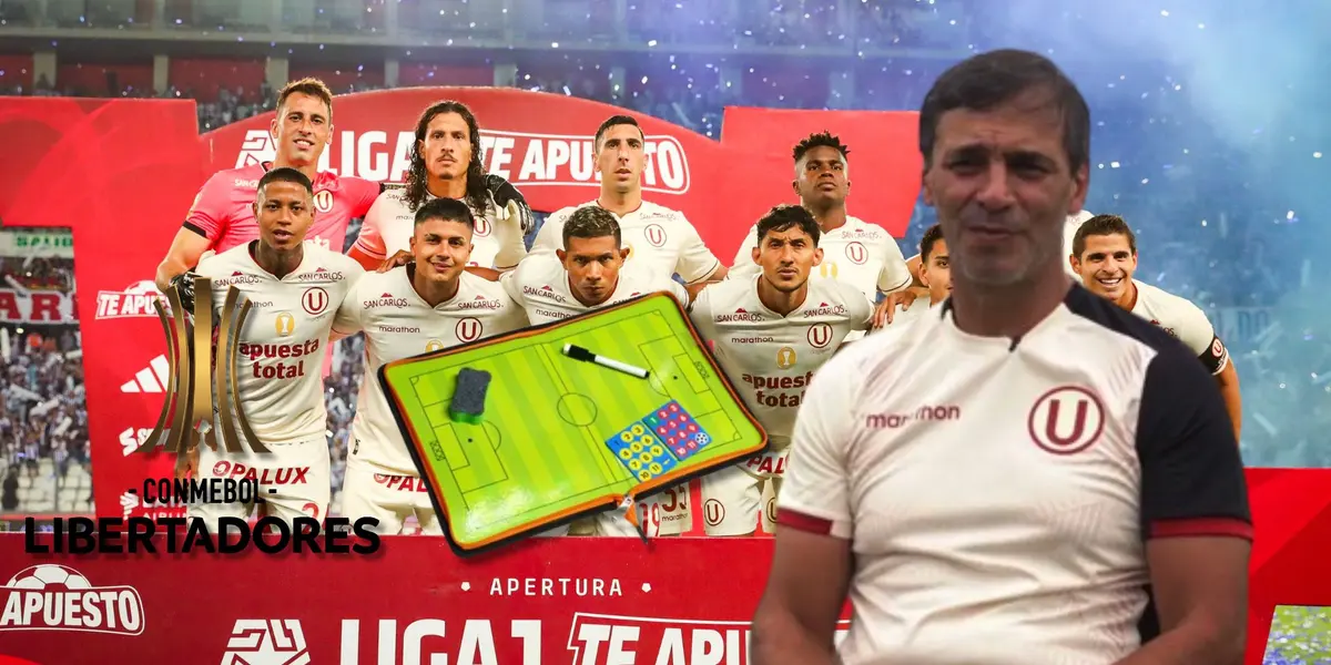 Fabián Bustos y el 11 titular de Universitario de Deportes en un partido de Liga 1