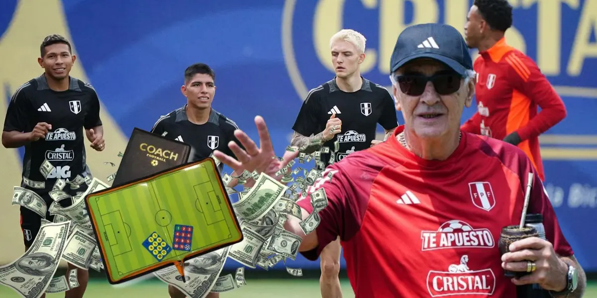 Flores, Quispe, Sonne y Gallese entrenando en Videna y delante de ellos Jorge Fossati