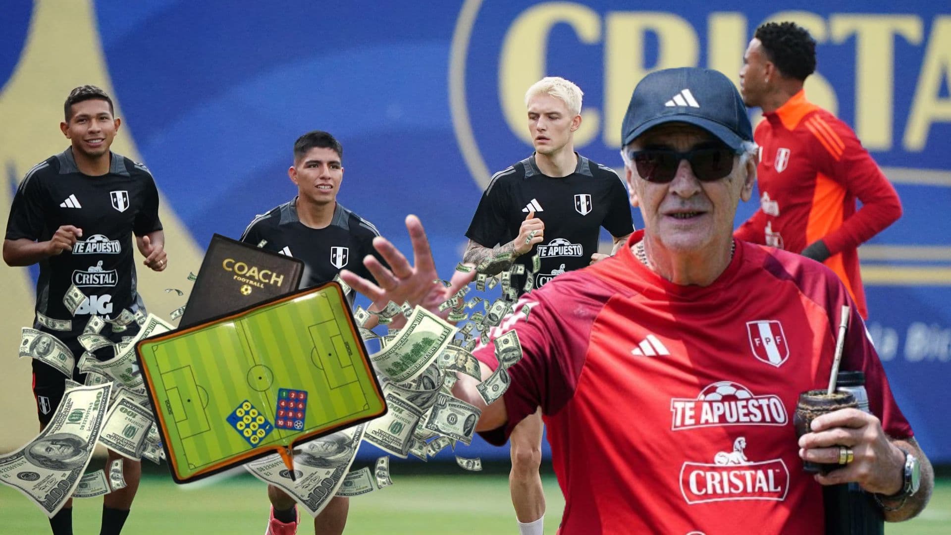 Flores, Quispe, Sonne y Gallese entrenando en Videna y delante de ellos Jorge Fossati