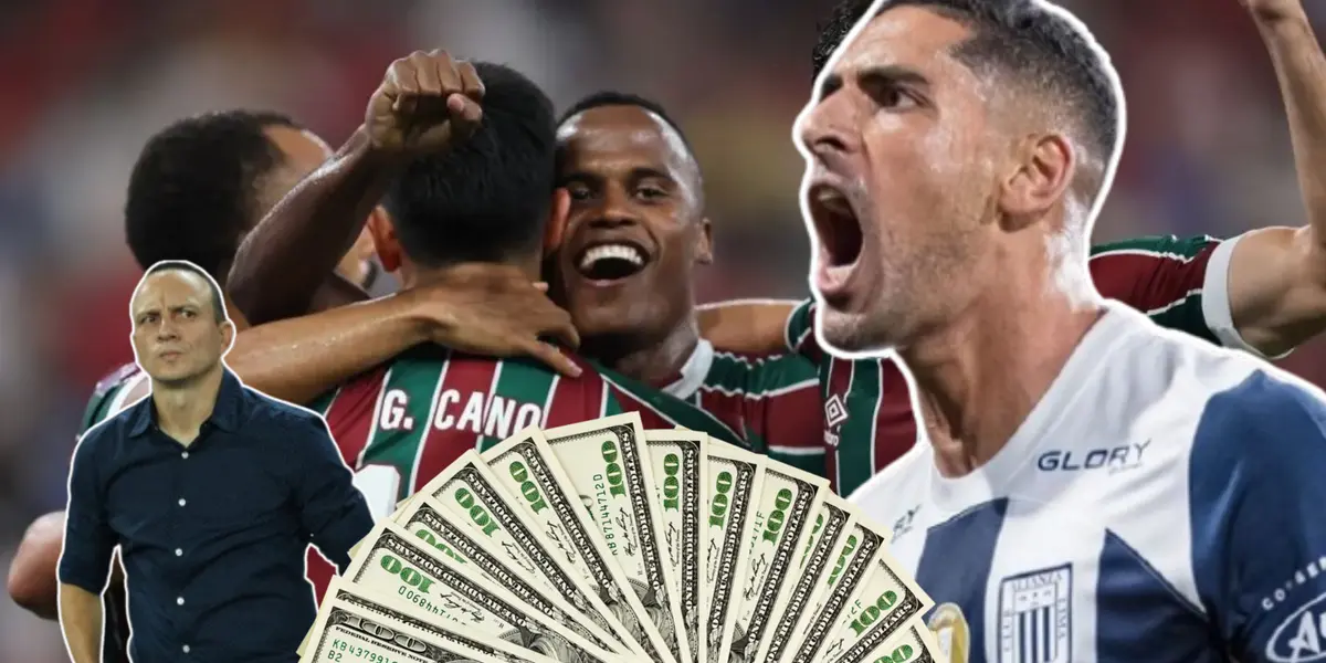 Fluminense celebrando gol, Restrepo mirando molesto y Pablo Sabbag gritando 