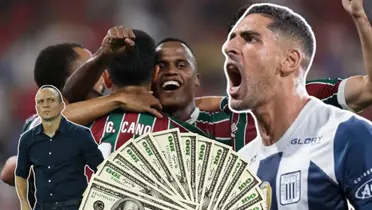 Fluminense celebrando gol, Restrepo mirando molesto y Pablo Sabbag gritando