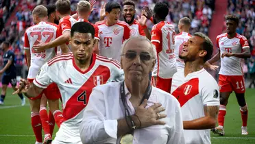 Fossati con la mano en el pecho, López y Trauco con la selección Peruana. De fondo el Bayern Múnich 