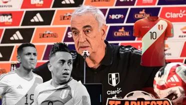 Fossati en conferencia de prensa, debajo Yotún y Cueva en blanco y negro