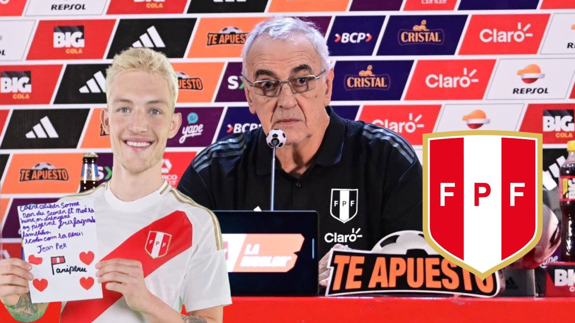 Fossati en conferencia de prensa y delante Oliver Sonne con la Bicolor