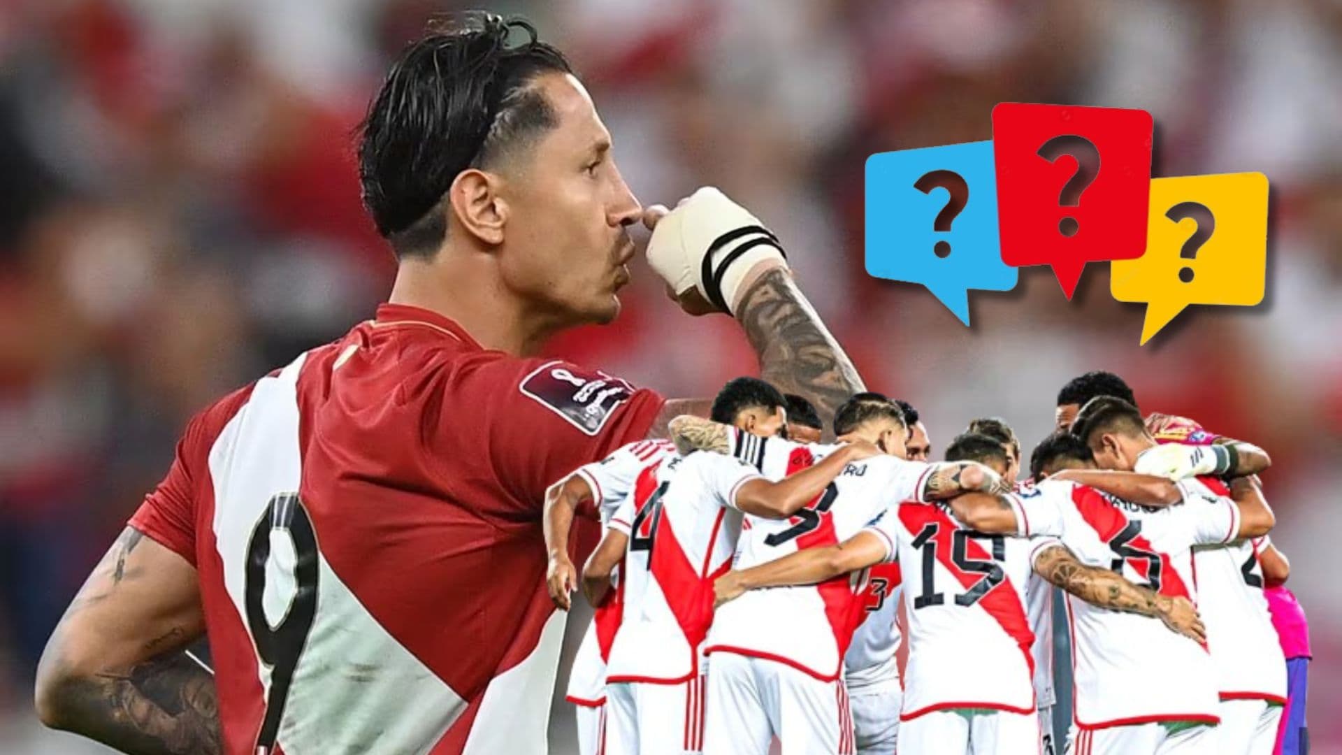 Gianluca Lapadula con la camiseta Bicolor y debajo los jugadores de la Selección Peruana
