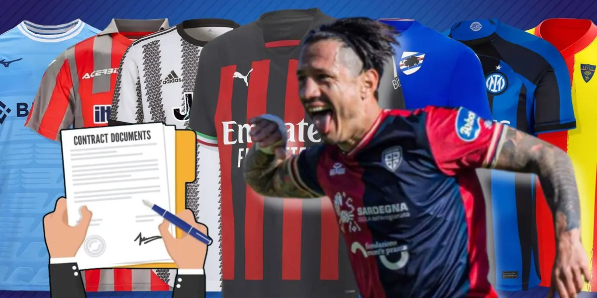 Gianluca Lapadula festejando y detrás camisetas de equipos italianos