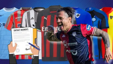 Gianluca Lapadula festejando y detrás camisetas de equipos italianos