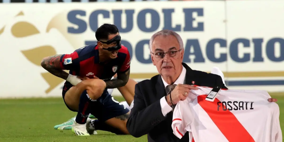 Gianluca Lapadula sufriendo un golpe con el Cagliari y delante Jorge Fossati con la Bicolor