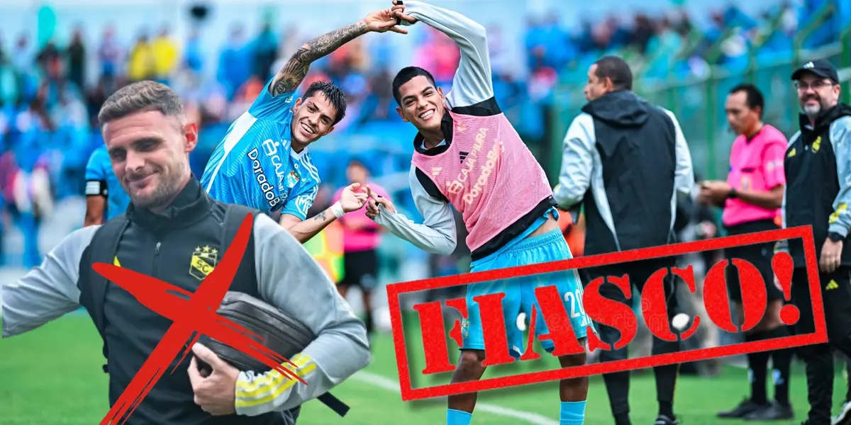 González y Grimaldo festejando uno de los goles de ayer vs UTC y un Pasquini pensativo