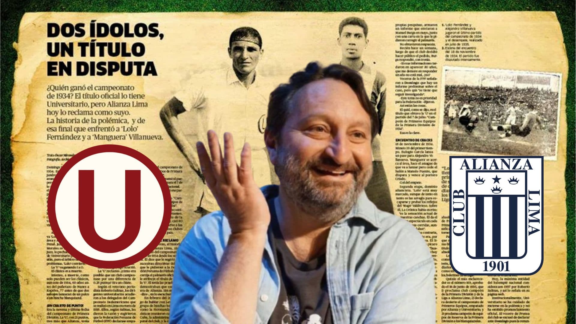 Gonzalo Torres sonriendo, detrás una nota del título nacional de la temporada 1934