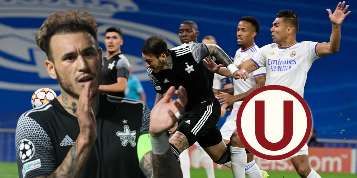 Gustavo Dulanto y detrás una acción de juego del duelo entre Real Madrid vs Sheriff Tiraspol