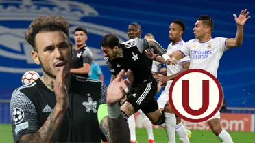 Gustavo Dulanto y detrás una acción de juego del duelo entre Real Madrid vs Sheriff Tiraspol