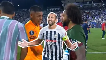 Hernán Barcos celebrando, mientras Campos le pide la camiseta a Marcelo