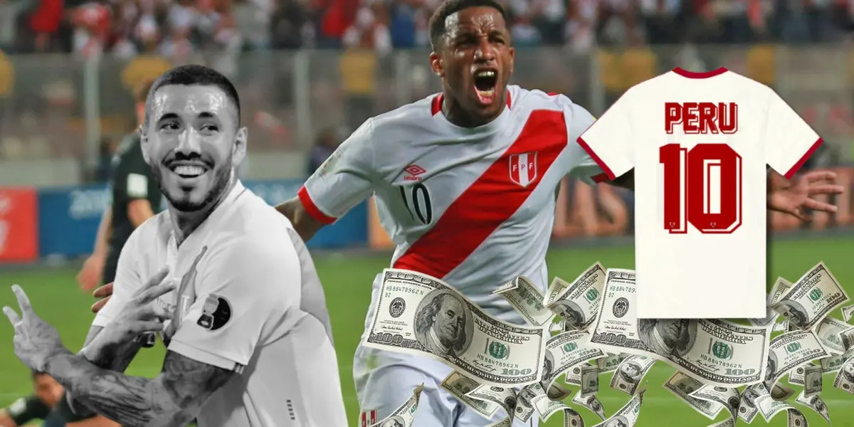 Jefferson Farfán celebrando un gol con la Bicolor y Sergio Peña en fondo negro