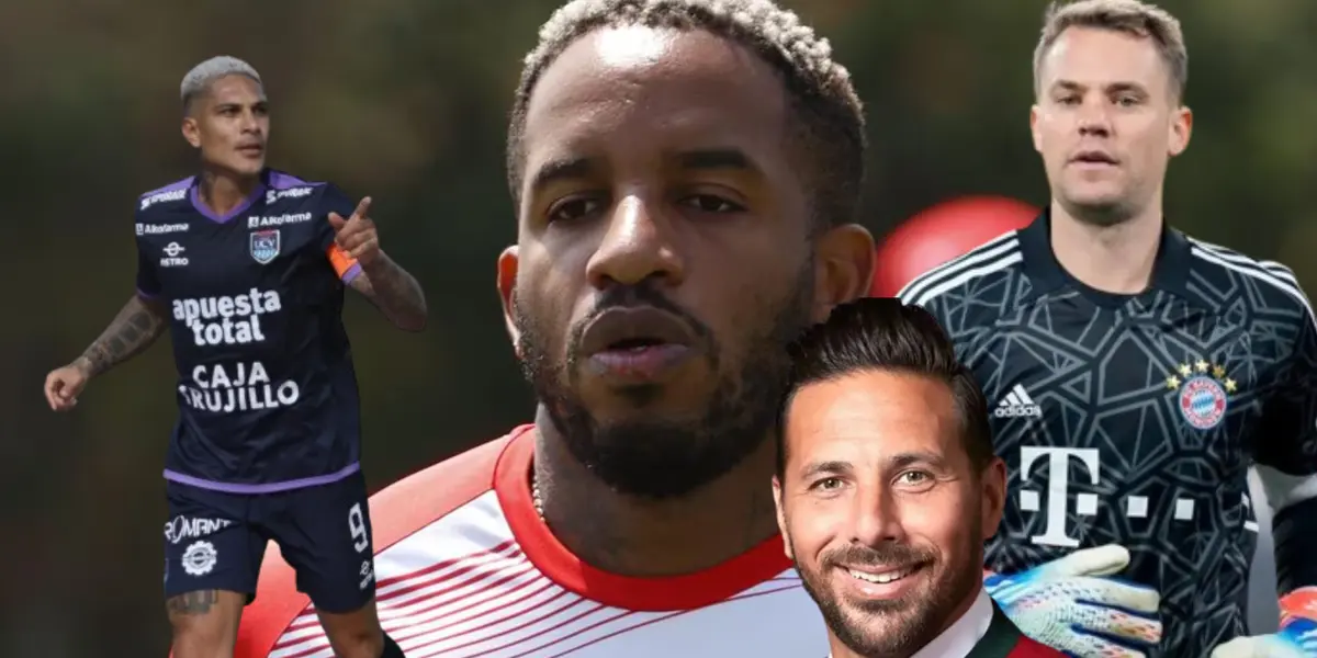Jefferson Farfán pensando, mientras aparecen también Paolo Guerrero, Manuel Neuer y Claudio Pizarro