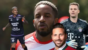 Jefferson Farfán pensando, mientras aparecen también Paolo Guerrero, Manuel Neuer y Claudio Pizarro