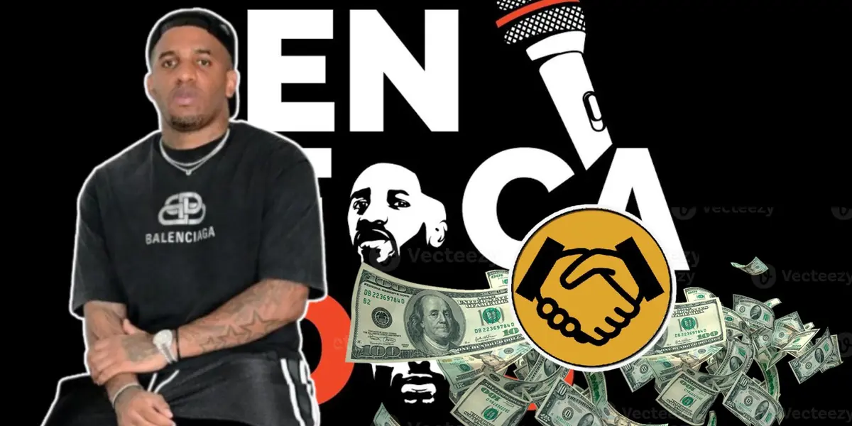 Jefferson Farfán y detrás el logo del programa digital ´Enfocados´