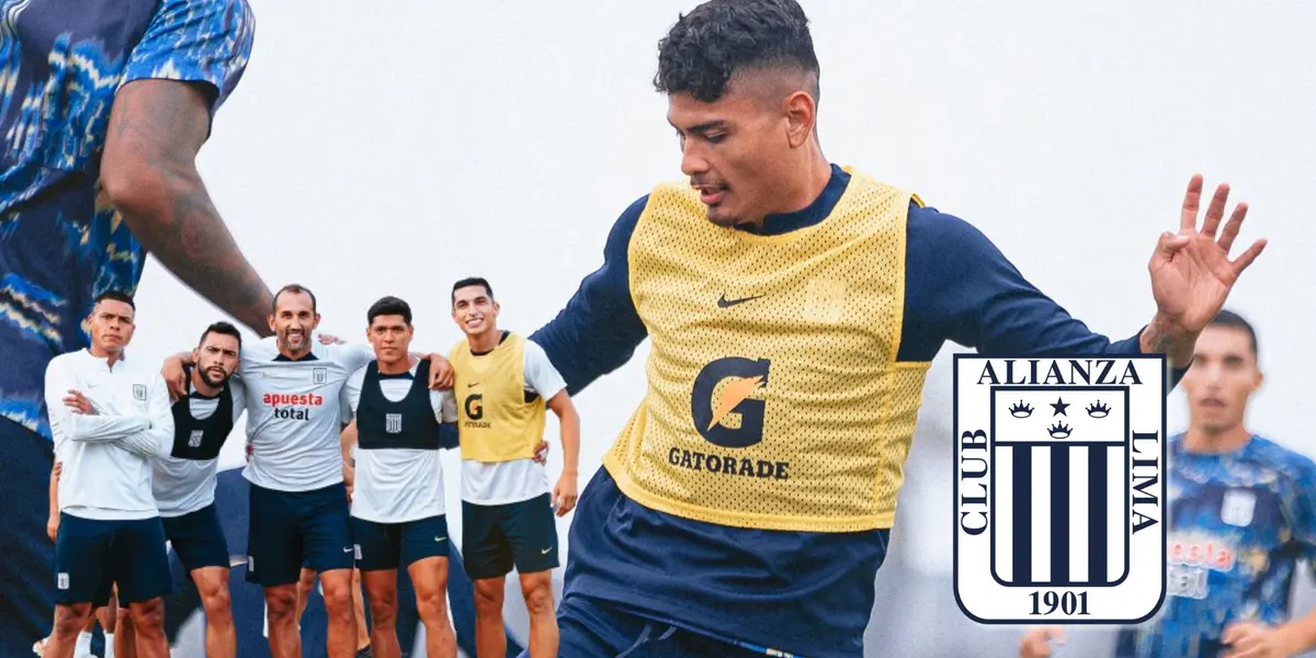 Jeriel De Santis entrenando con Alianza Lima y debajo algunos jugadores blanquiazules