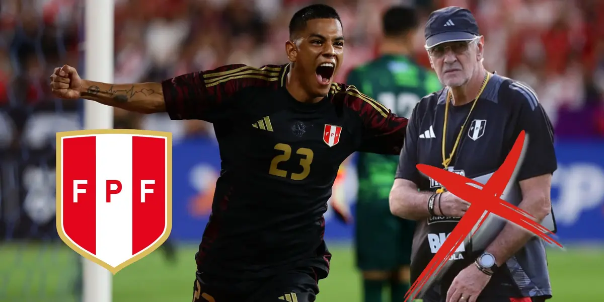 Joao Grimaldo celebrando su primer gol con la Bicolor y Jorge Fossati mirándolo