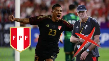 Joao Grimaldo celebrando su primer gol con la Bicolor y Jorge Fossati mirándolo